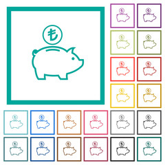 Turkish Lira piggy bank flat color icons with quadrant frames