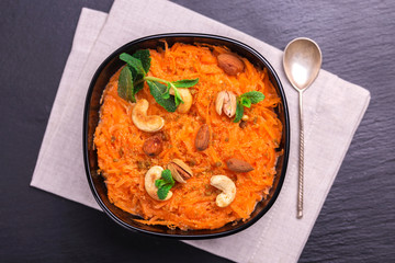 Indian carrot Gajar halwa. Copyspace, top view, flatlay. view, flatlay.