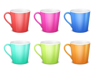 Colorful 3d mugs, empty coffee ceramic cup isolated vector collection