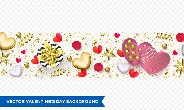 Valentines day background of heart gift box, chocolate candy in golden wrapper and golden confetti or pink flowers pattern. Vector Happy Valentine greeting card holiday glittering gold design