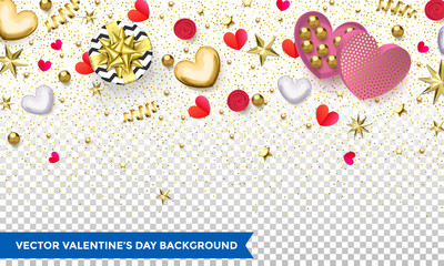 Valentines day background design of hearts and gold glitter confetti or flower pattern for holiday. Vector Valentine poster of glittering gold stars, candy and love gifts