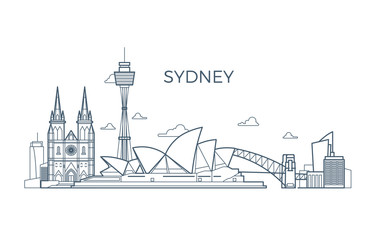 Naklejka premium Linia miejska Sydney z ekspozycjami budynków i architektury. Australia świat podróży wektor punkt orientacyjny