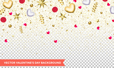 Valentines day of hearts and gold glitter confetti or flowers on transparent background. Vector Valentine holiday design pattern of glittering gold stars and hearts