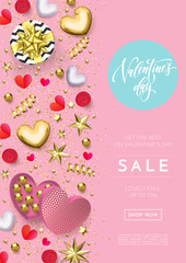 Valentines day sale web banner background of hearts and gold glitter confetti or flower pattern for holiday discount store. Vector Valentine shopping poster of glittering gold design template