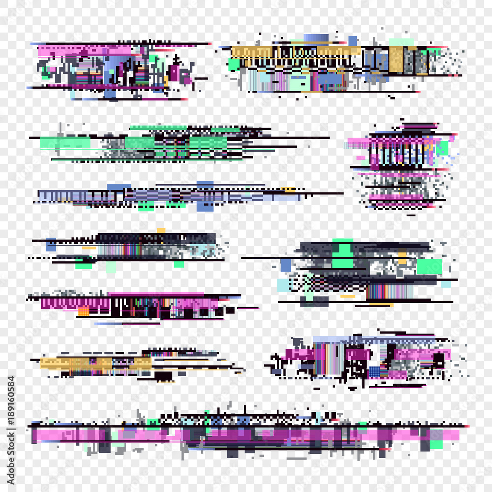 Poster glitch vector elements. glitched computer screen digital noise collection