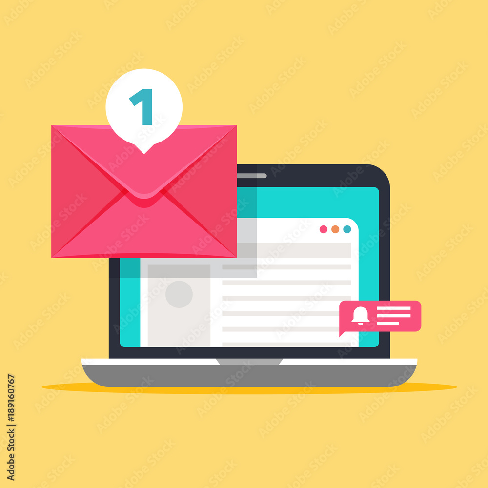 Poster message on computer screen. mailing vector concept with envelope and laptop