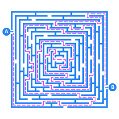 Brain game labyrinth. Vector maze with entry, exit and right way to go