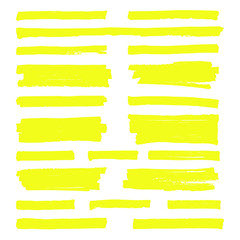 Hand drawn yellow highlight marker lines. Highlighter strokes isolated on white background vector set