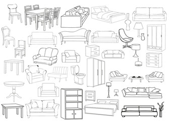 vector, isolated sketch set of furniture, sofas, beds, armchairs