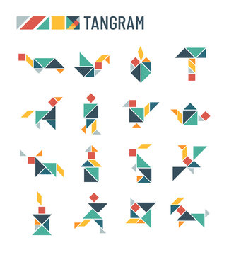 Chinese puzzle shapes cutting intellectual kids game - tangram origami vector set