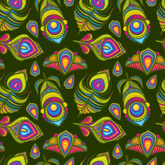 Naklejka premium Peacock bird feathers vector indian traditional seamless pattern