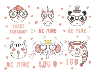 Gordijnen Set of hand drawn portraits of cute funny animals with different accessories, romantic quotes. Isolated objects on white background. Vector illustration. Design concept children, Valentines day card. © Maria Skrigan