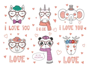 Deurstickers Set of hand drawn portraits of cute funny animals with different accessories, romantic quotes. Isolated objects on white background. Vector illustration. Design concept children, Valentines day card. © Maria Skrigan