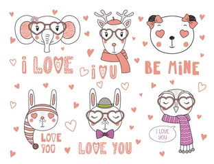 Sierkussen Set of hand drawn portraits of cute funny animals with different accessories, romantic quotes. Isolated objects on white background. Vector illustration. Design concept children, Valentines day card. © Maria Skrigan