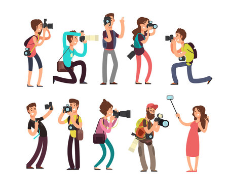 Funny professional photographer with camera taking photo in different poses  vector cartoon characters set Stock Vector | Adobe Stock