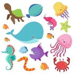 Abwaschbare Fototapete Meeresleben Cartoon Kinderaquarium und wilde Seefische Vektor-Set