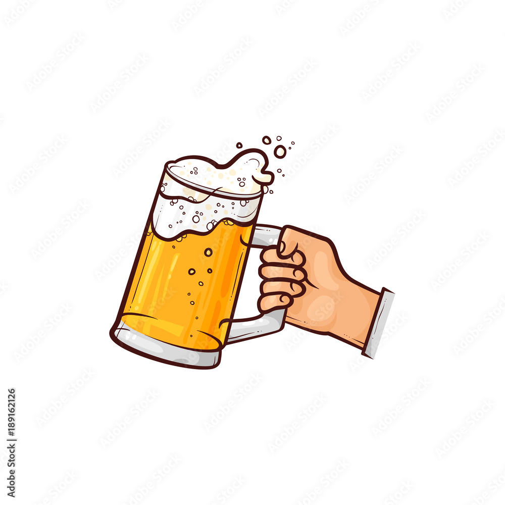 Wall mural male hand holding big glass mug of light beer, hand-drawn, sketch style vector illustration isolated