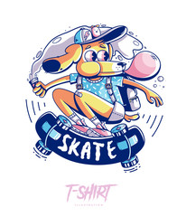 Poster, card or t-shirt print with stylish dog skater. Trendy hipster style illustration