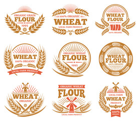 Wheat grain product and bread vector labels. Nature wheat ears badges
