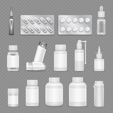 White blank medicine pharmaceutical packaging vector mockups isolated on transparent background