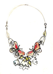 watercolor jewelry illustration, necklace fashion sketch, Jewelry Design butterfly vintage necklace. Hand drawing and painting on paper.