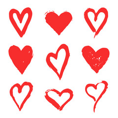 Hand drawn hearts. Set of red vector grunge heart shapes, design elements for Valentine's day, wedding, greeting cards.