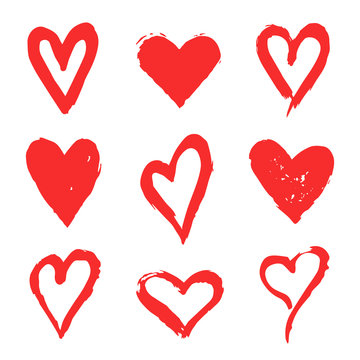 Hand drawn hearts. Set of red vector grunge heart shapes, design elements for Valentine's day, wedding, greeting cards.