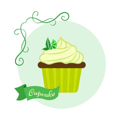Citrus sweet dessert. Cupcake with lime and mint. Vector illustration
