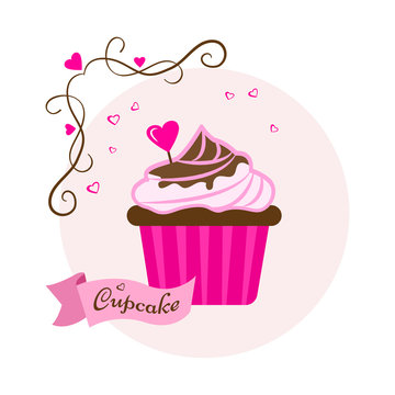Pink sweet dessert. Festive cupcake with chocolate and heart for Valentine's Day. Vector illustration