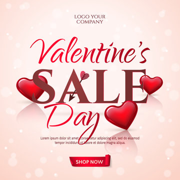 Elegant template of sale banner for Valentine’s Day with red glossy hearts and an arrow. Vector holiday background for design of flyers with discount offers.