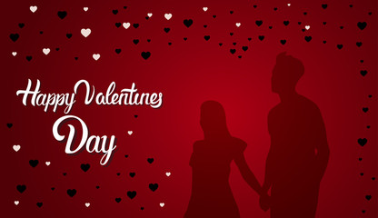 Happy Valentines Day Greeting Card Design Silhouette Couple Holding Hands In Heart Shape Background Flat Vector Illustration