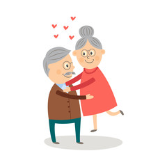 Happy old, elder, senior couple hugging and laughing, comic, cartoon vector illustration isolated on white background. Funny elder, senior couple in love, old man and woman hugging, happy together
