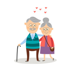 Vector elderly couple in love dating at valentine's day. Cartoon grey-haired characters in casual clothing with cane embrasing expressing care positive emotion. Isolated illustration, white background