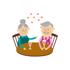 Vector elderly couple in love dating at valentines day. Cartoon grey-haired characters celebrating their love sitting at restaurant drinking wine from glass. Isolated illustration, white background