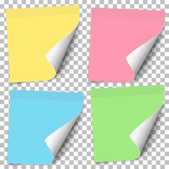 Set of yellow, green, blue and pink paper sticky notes with curled corner glued to the surface isolated on transparent background