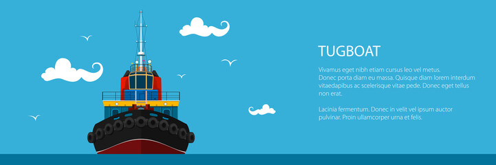 Naklejka premium Banner with Tugboat, Pushboats for Towage and Mooring of Other Courts and Text , Poster Brochure Flyer Design, Vector Illustration