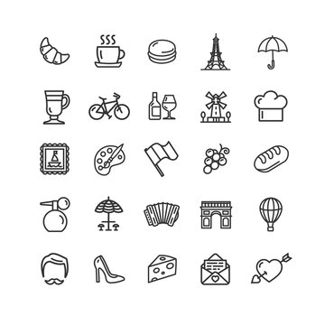France Travel Signs Black Thin Line Icon Set. Vector