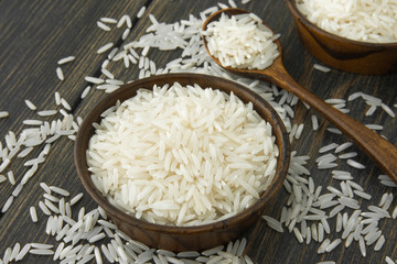 Basmati rice in small wooden bowls