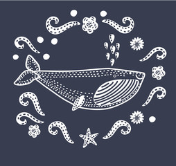 Cute colorful cartoon whale icon with dark and white outline