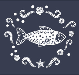 Black and white illustration of fish. 