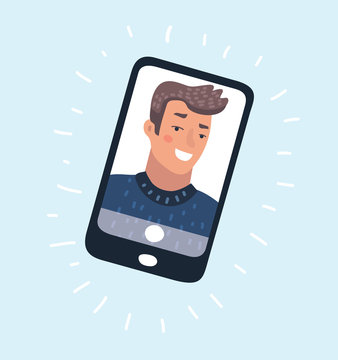 Young man takes selfie using a smartphone. Vector illustration.