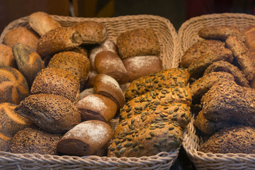 Different type of fresh bread on a bakery window display