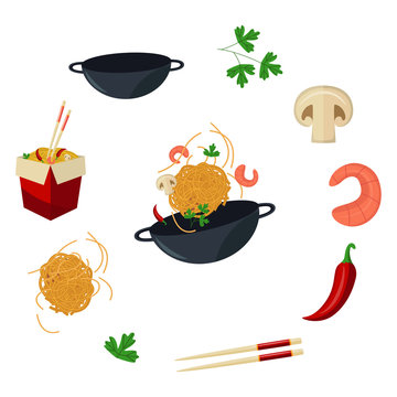 vector flat asian wok symbols set. Udon noodles in paper box, large royal shrimp, chili pepper, sticks, parsley, mushroom, pan. Stir fry eastern fastfood icons for menu design. Isolated illustration