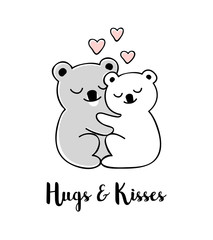 Hugs and kisses. Hand drawn greeting card with Valentines day quote