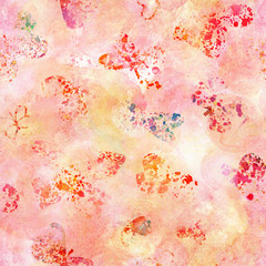 Seamless pattern with watercolor butterfly silhouettes and splashes on pink