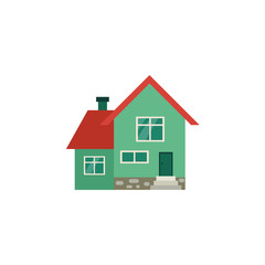 Green two-storied cottage house with red roof and porch, front view vector illustration isolated on white background. Flat style front view picture of cottage house