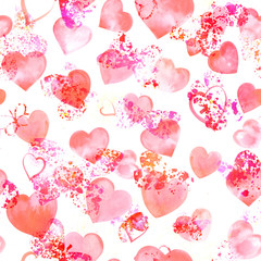 Seamless pattern with watercolor hearts and butterfly silhouettes