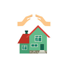 Vector flat house insurance concept. Private house being protecting from disasters by hands making roof. Natural disaster, robbery insurance scenes. Isolated illustration on a white background