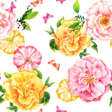 Seamless pattern with watercolor roses and butterflies on white