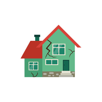 Vector flat house insurance concept. House being damaged by earthquake. Natural disaster insurance scene. Isolated illustration on a white background